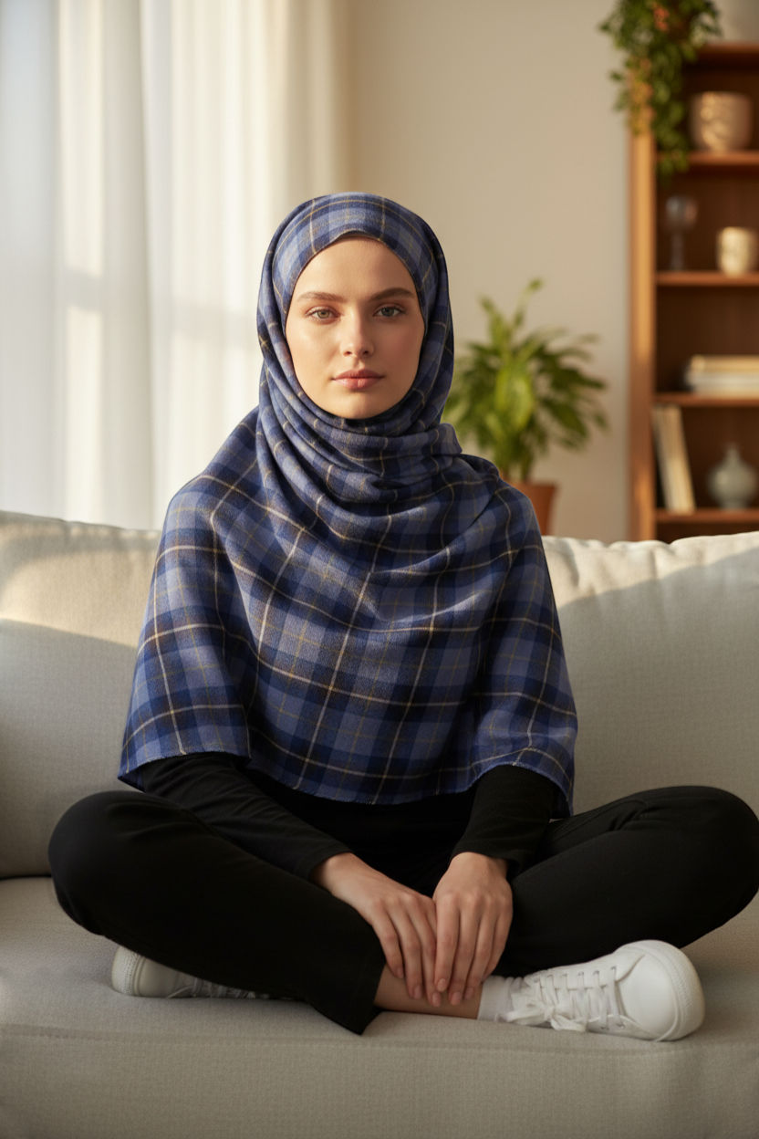 Light Indigo Wool Check Scarf